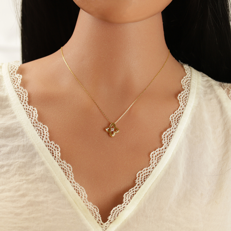 Collier en argent dor pendentif fleur avec oxydes blancs sertis - 40+3cm - Vue 20