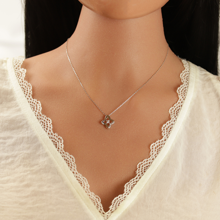 Collier en argent rhodi pendentif fleur oxydes blancs et oxyde cental sertis - 40+3cm - Vue 20