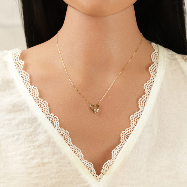 Collier en argent dor� coeur lisse avec oxyde blanc serti -  40+3cm - Vue 20