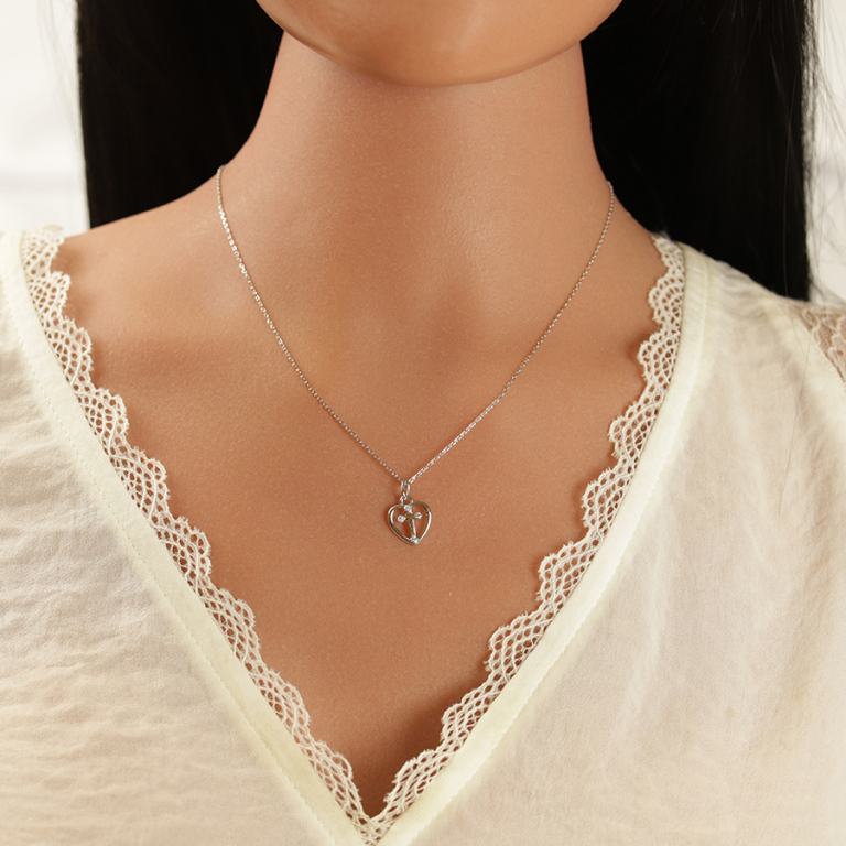 Collier en argent rhodi� coeur et croix avec oxydes blancs sertis - 40+3cm - Vue 20