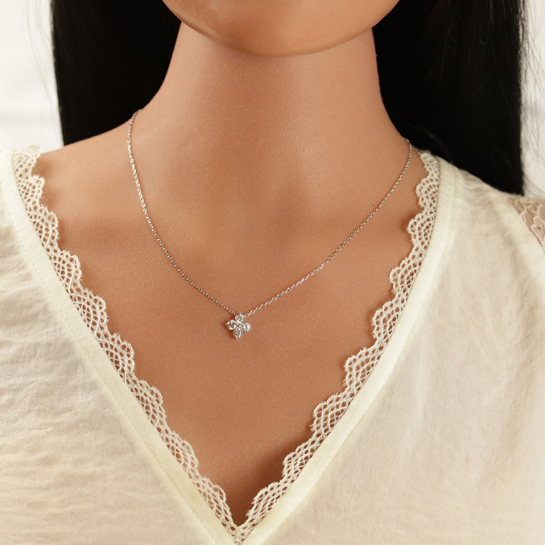 Collier en argent rhodi� fleur avec oxydes blancs sertis - 40+3cm - Vue 20