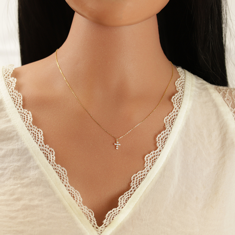 Collier en argent dor� croix d\'oxydes blancs sertis - 40+3cm - Vue 20