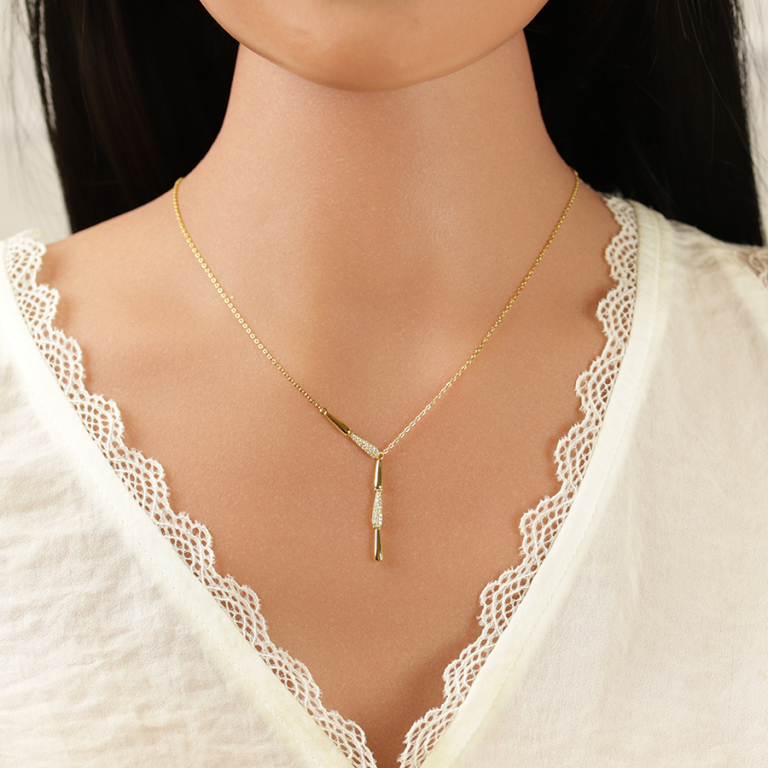 Collier en argent dor� cravate lisse et oxydes blancs sertis - 40+3cm - Vue 20