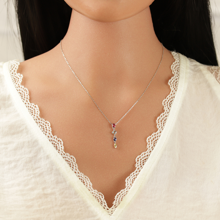 Collier en argent dor� pendant avec quatre  oxydes multi couleurs - 40+3cm - Vue 20