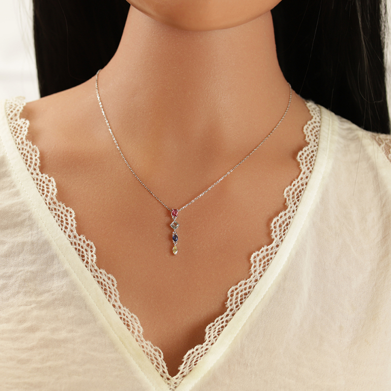 Collier en argent rhodi� pendant quatre oxydes multi couleurs - 40+3cm - Vue 20