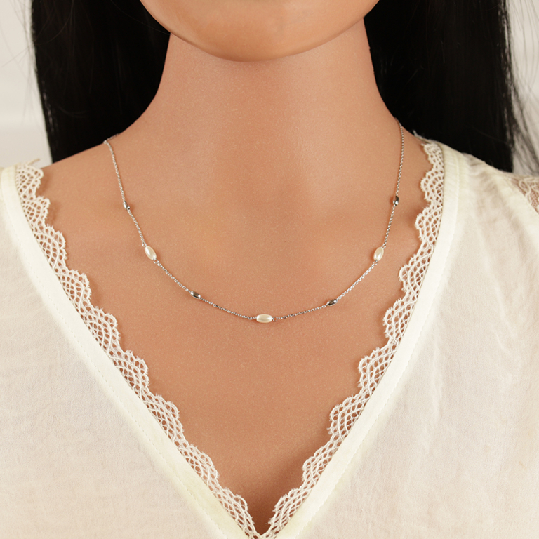 Collier en argent rhodi� perle blanche imitation et olives - 38+5cm - Vue 20