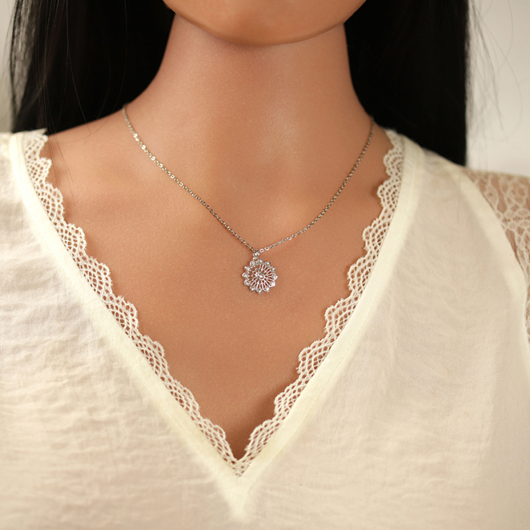 Collier en argent rhodi� pendentif fleur filigrane avec oxydes blancs sertis  - 40+5cm - Vue 20