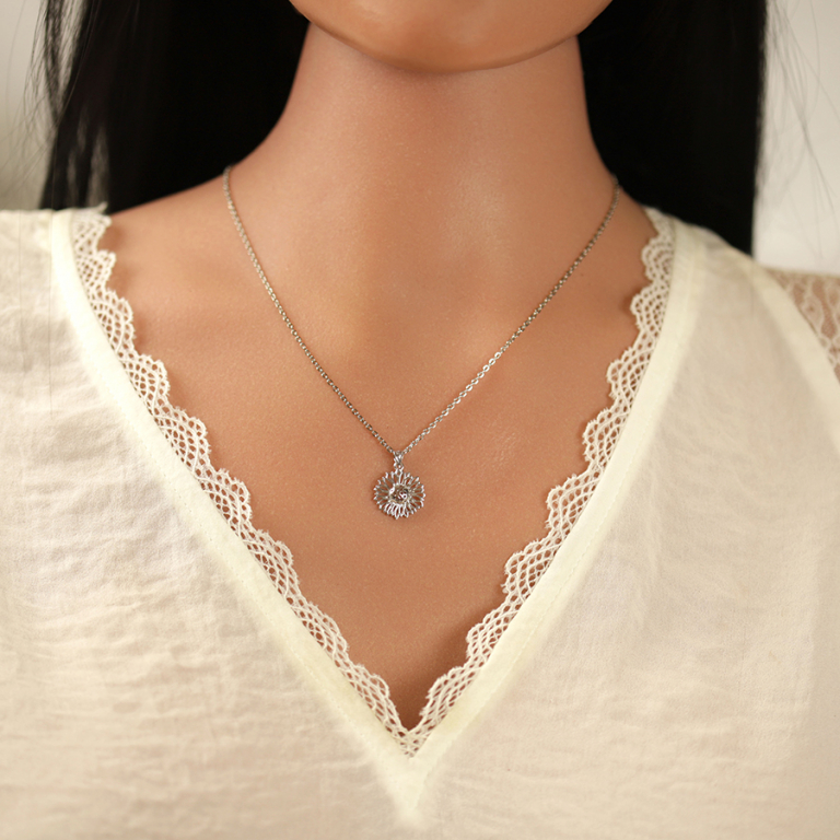 Collier en argent rhodi� pendentif fleur de tournesol - 40+5cm - Vue 20