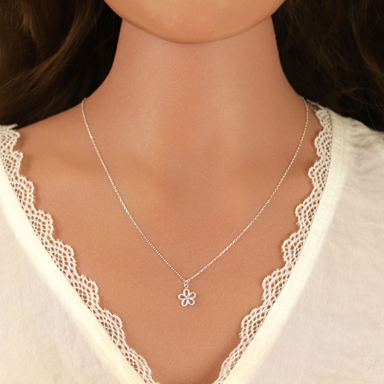 Collier en argent rhodi pendentif fleur ajoure avec oxyde blanc central- 39+4cm - Vue 20