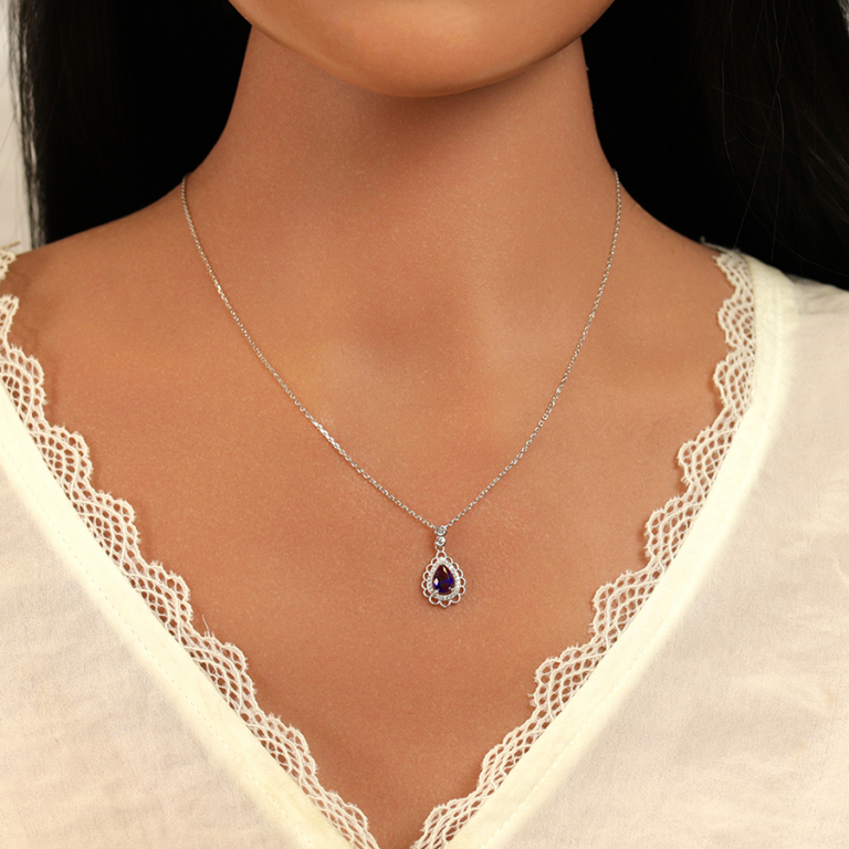 Collier en argent rhodi� avec pendentif goutte oxyde bleu et  oxydes blancs sertis et dentell� - 40+4cm - Vue 20
