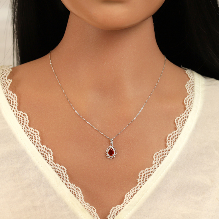 Collier en argent rhodi� avec pendentif goutte oxyde vert et  oxydes blancs sertis et dentell� -40+4cm - Vue 20