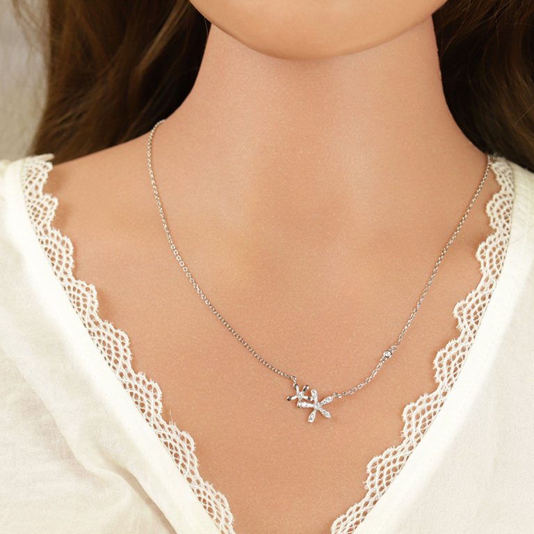 Collier en argent rhodi� double fleur orn�es d\'oxydes blancs sertis - 41+3cm - Vue 20