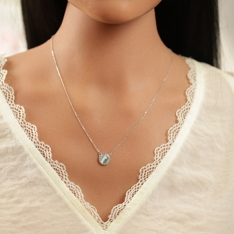 Collier en argent rhodi� cabochon bleu ciel - 40 +5 cm - Vue 20