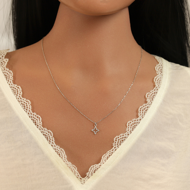 Collier en argent rhodi� avec pendentif tr�fle contour  oxydes blancs sertis -40+5 cm - Vue 20