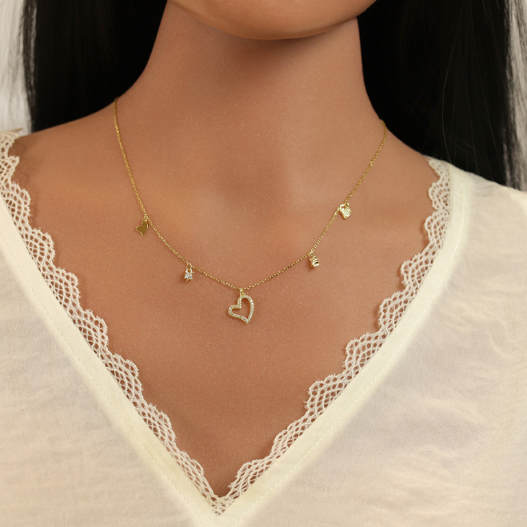 Collier en argent rhodi� multi coeurs lisses et oxydes blancs sertis - 40+5cm - Vue 20