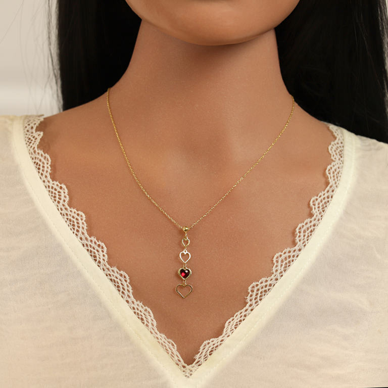 Collier en argent dor� avec pendentif coeurs ajour�s et un oxyde rouge - 40+5cm - Vue 20