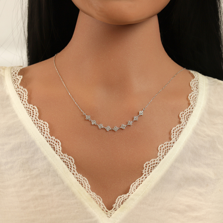 Collier en argent rhodi� multi fleurs d\'oxydes blancs sertis - 40+5cm - Vue 20