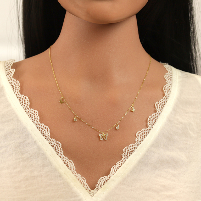 Collier en argent dor� avec pampilles papillons et oxydes blancs sertis - 40+5cm - Vue 20