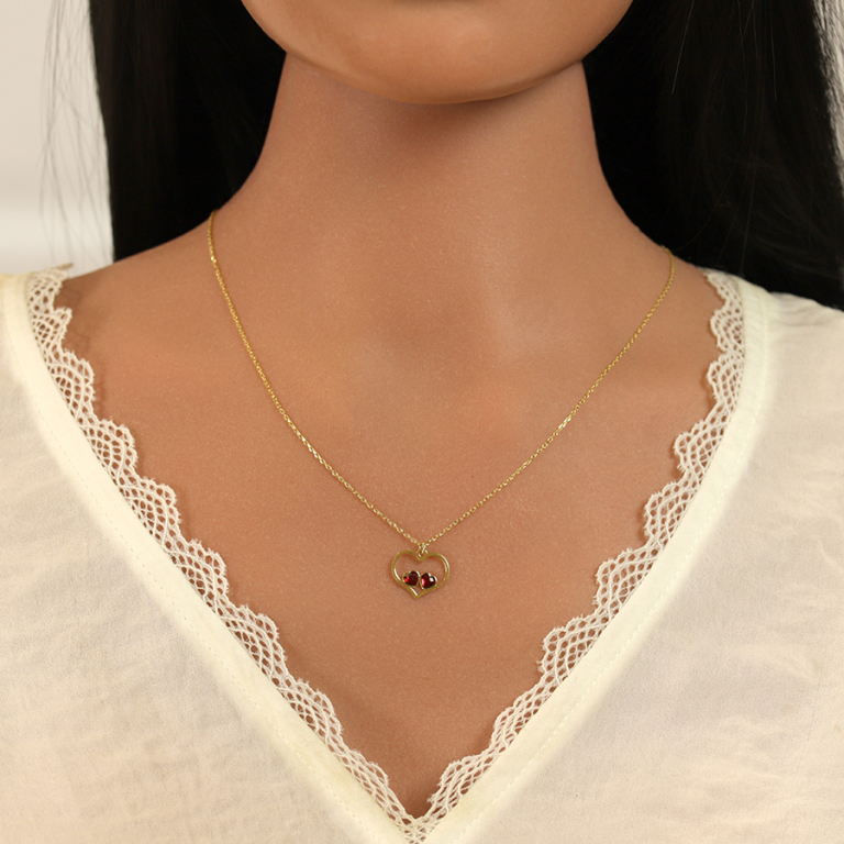 Collier en argent dor� avec pendentif coeur ajour� et deux oxydes rouges - 40+5cm - Vue 20