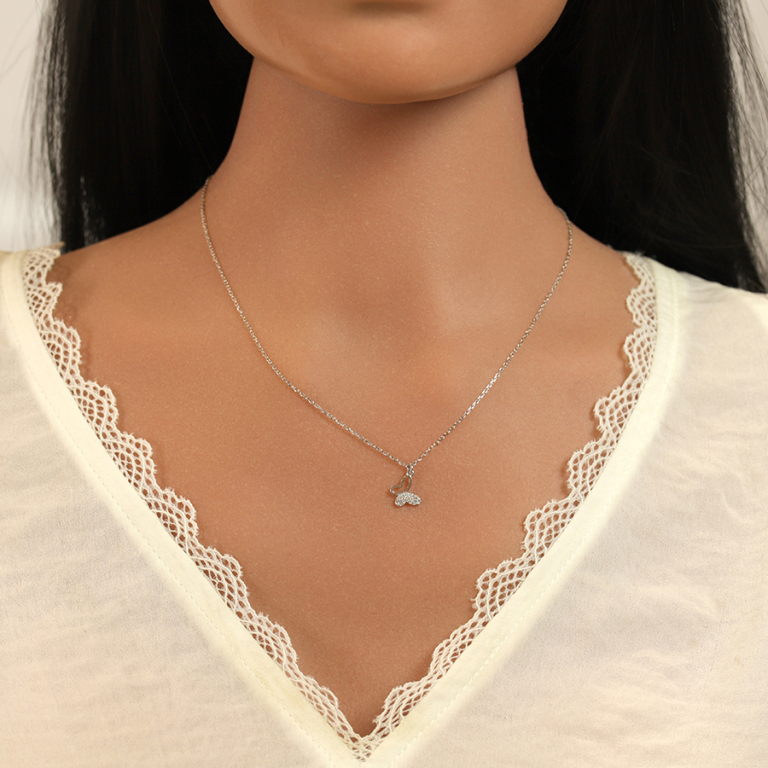 Collier en argent rhodi� avec papillon et oxydes blancs sertis - 40+5cm - Vue 20