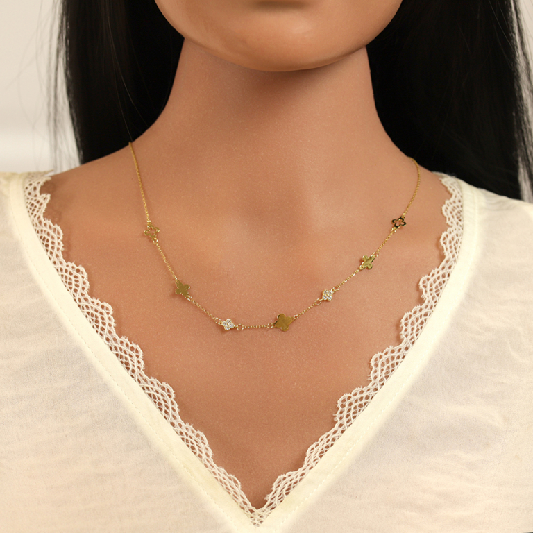 Collier en argent dor� avec tr�fles lisses et oxydes blancs - 40+5cm - Vue 20