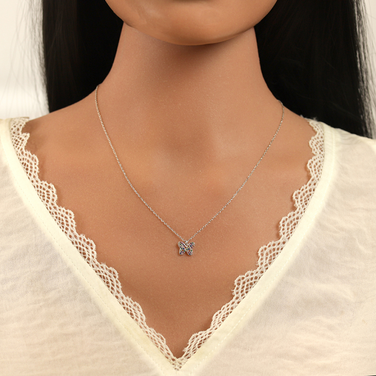 Collier en argent rhodi� avec papillon orn� d\'oxydes multi couleurs sertis - 40+5cm - Vue 20