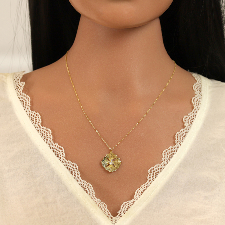 Collier en argent dor� avec pendentif fleur et oxydes blancs - 40+5cm - Vue 20