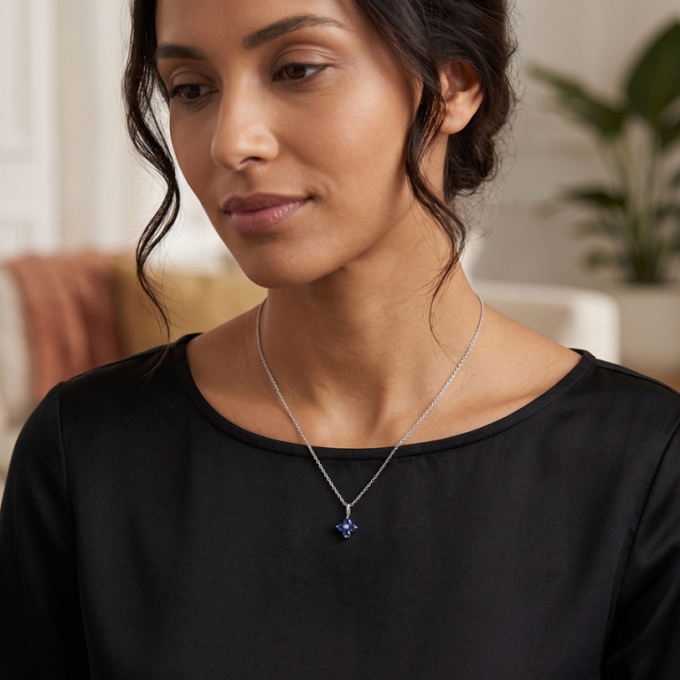 Collier en argent rhodi� pendentif fleur d\'oxydes bleus -  38+4cm - Vue 20