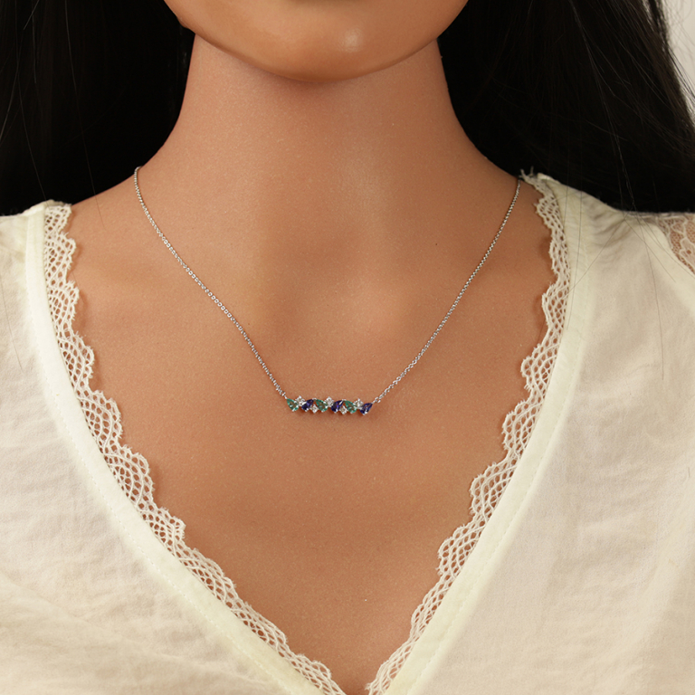 Collier en argent rhodi� navettes bleues et blanches - 42+3cm - Vue 20