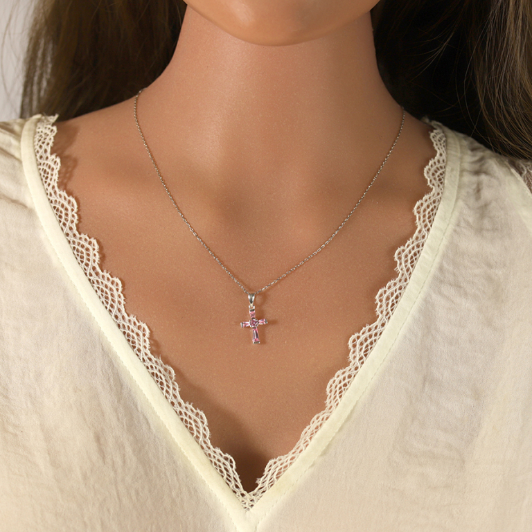 Pendentif en argent croix 19mm x 13mm avvec oxydes roses - Vue 20