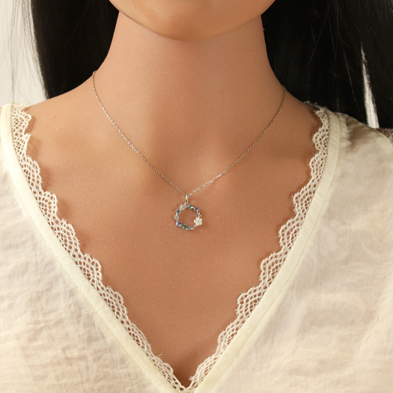 Pendentif argent rhodi� fleur d\' oxydes de nuance bleue et sa fleur de nacre - Vue 20