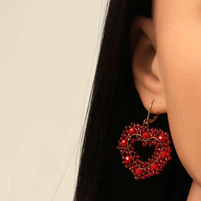Boucles d\'oreille pendantes forme coeur en acier dor� perles rouges et dor�es - dormeuse - Vue 20