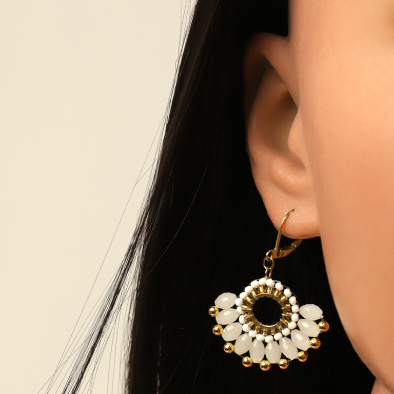 Boucles d\'oreille pendantes forme �ventail  vert et dor� en acier dor� - dormeuse - Vue 20