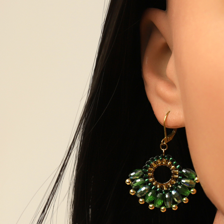 Boucles d\'oreille pendantes forme �ventail vert et dor�e en acier dor� - dormeuse - Vue 20