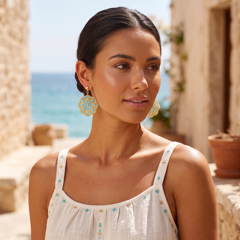 Boucles d\'oreille  pendantes boh�me en acier dor� couleur turquoise et dor� - Vue 20
