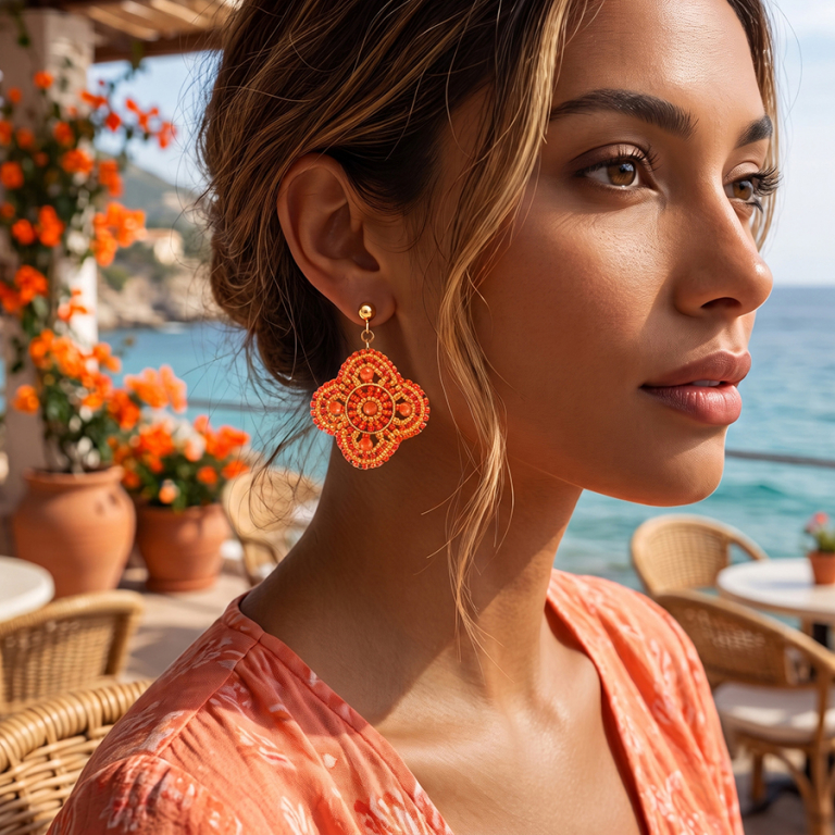 Boucles d\'oreille boh�me en acier dor� forme fleur couleur corail - Vue 20