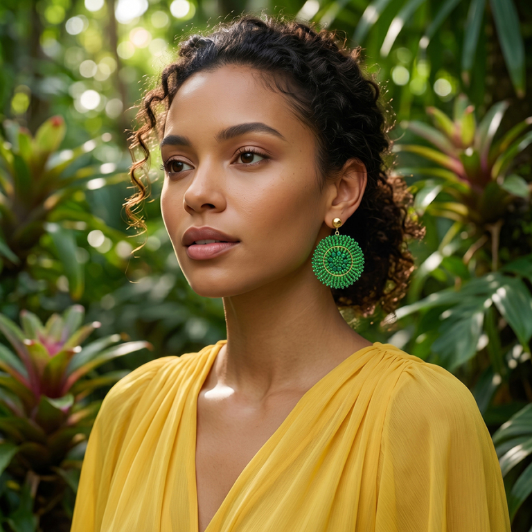 Boucles d\'oreille boh�me en acier dor� rond vert - 45mm - Vue 20