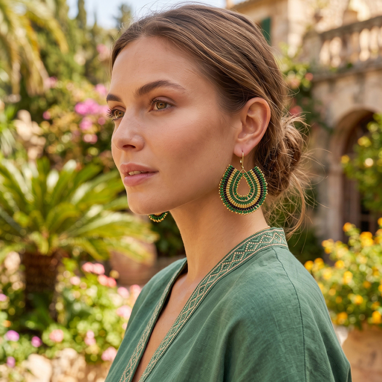Boucles d\'oreille pendantes boh�me en acier dor� perles vertes, noires et dor�es - dormeuse - Vue 20