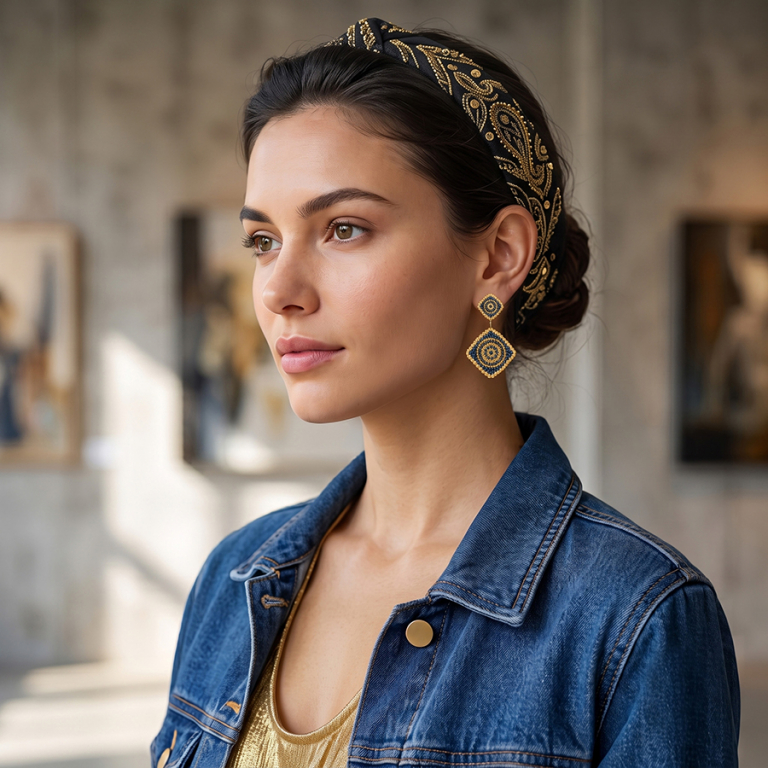 Boucles d\'oreille pendantes boh�me en acier dor� permes bleues et dor�es - Vue 20