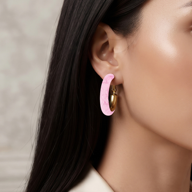 Cr�oles en acier dor� ovale bomb�e 35mm rose clair nacr� tige et clapet - Vue 20