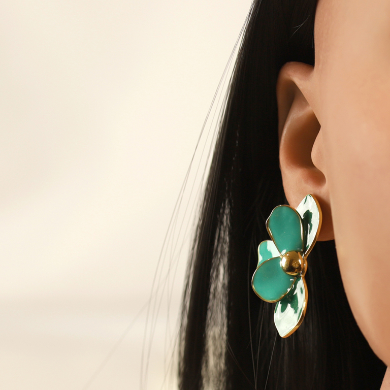 Boucles d\'oreille Stella Mia tige en acier dor�  demi fleur r�sine vert - Vue 20