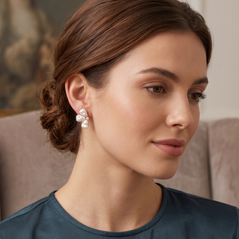 Boucles d\'oreille en acier dor� demi fleur r�sine blanche - Vue 20