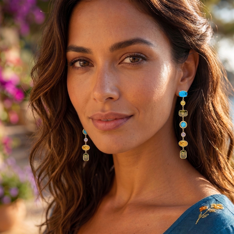 Boucles d\'oreille pendantes en  acier dor� avec oxydes multi couleurs - Vue 20