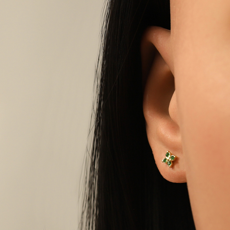 Boucles d\'oreille tige en acier dor� fleur quatre oxydes verts - Vue 20