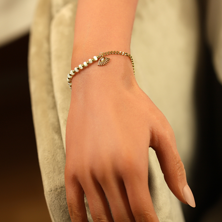 Bracelet en acier dor� avec rondelles couleur nacr� et pampille oeil avec un oxyde - 16+3cm - Vue 20