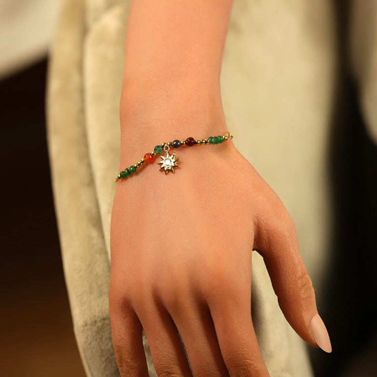 Bracelet en acier avec boules multi couleurs et pampille soleil avec oxyde blanc -16+3cm - Vue 20