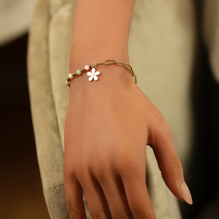 Bracelet en acier avec boules multi couleurs pastels et  pampille fleur rsine blanche -16+3cm - Vue 20