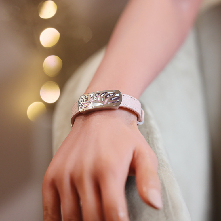 Bracelet Stella Mia en acier et cuir rose plaque rectangulaire avec motif tons roses et nacre blanche rglable - Vue 20