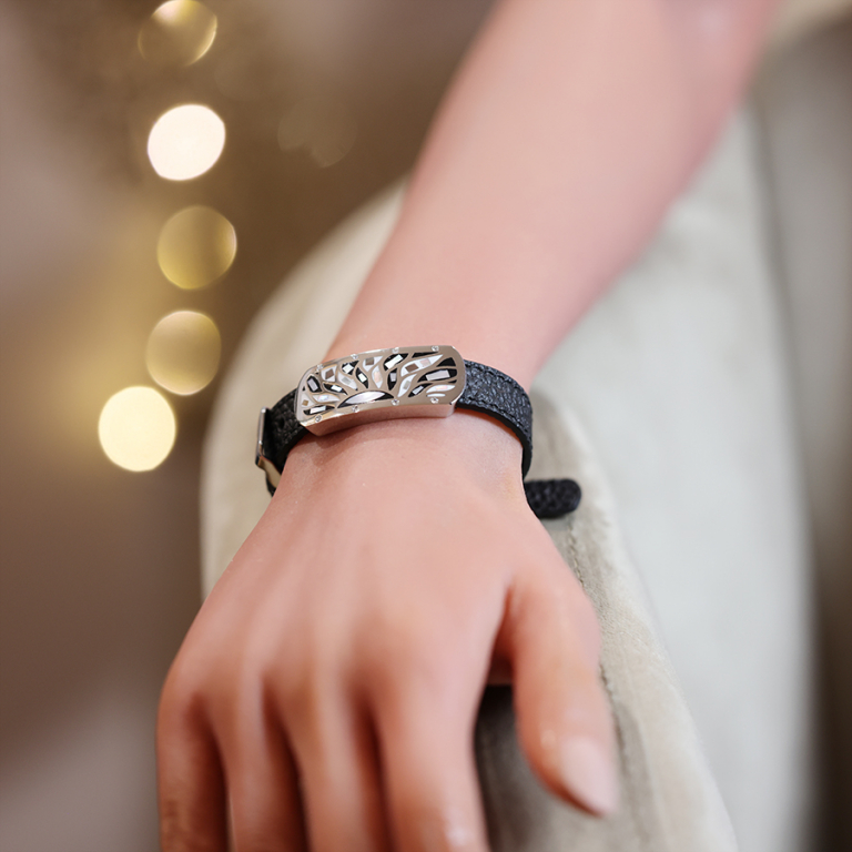 Bracelet Stella Mia en acier et cuir noir plaque rectangulaire avec motif tons noirs et nacre blanche rglable - Vue 20