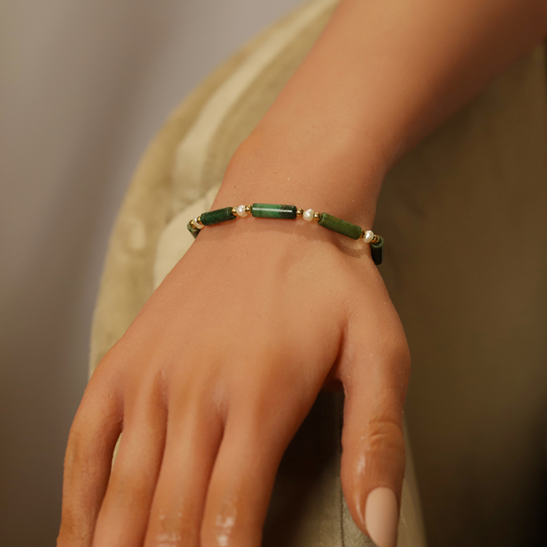 Bracelet en acier et PVD dor jade verte et perle blanche de culture d\'eau douce vritable 16+3cm - Vue 20
